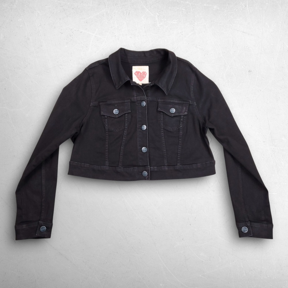 Slink Jeans Cropped Wax Denim‎ Jacket Women 2 Black Stretch Lightweight Trucker